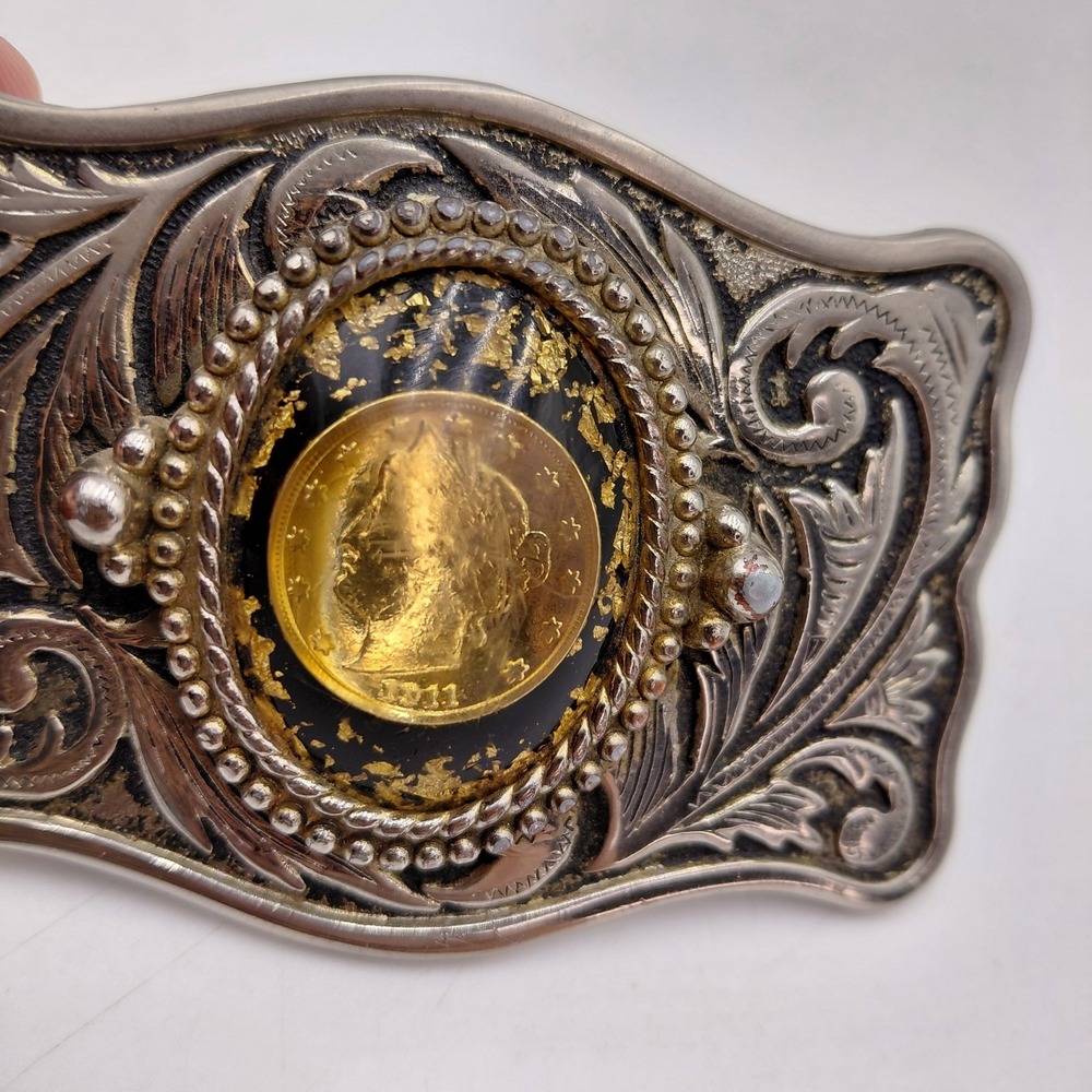 Western Americana Belt Buckle 1911 Liberty Coin Resin Gold Flake Silver Tone
